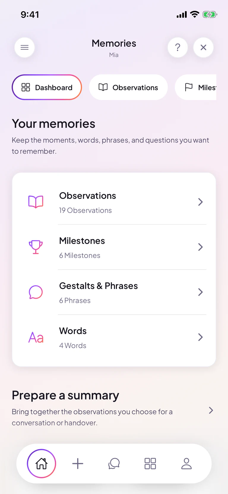 The Gestalts Memories screen showing observations, milestones, phrases and words