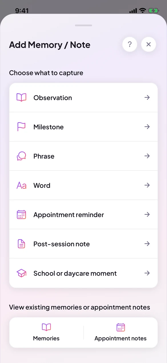 The Gestalts Add Memory or Note screen