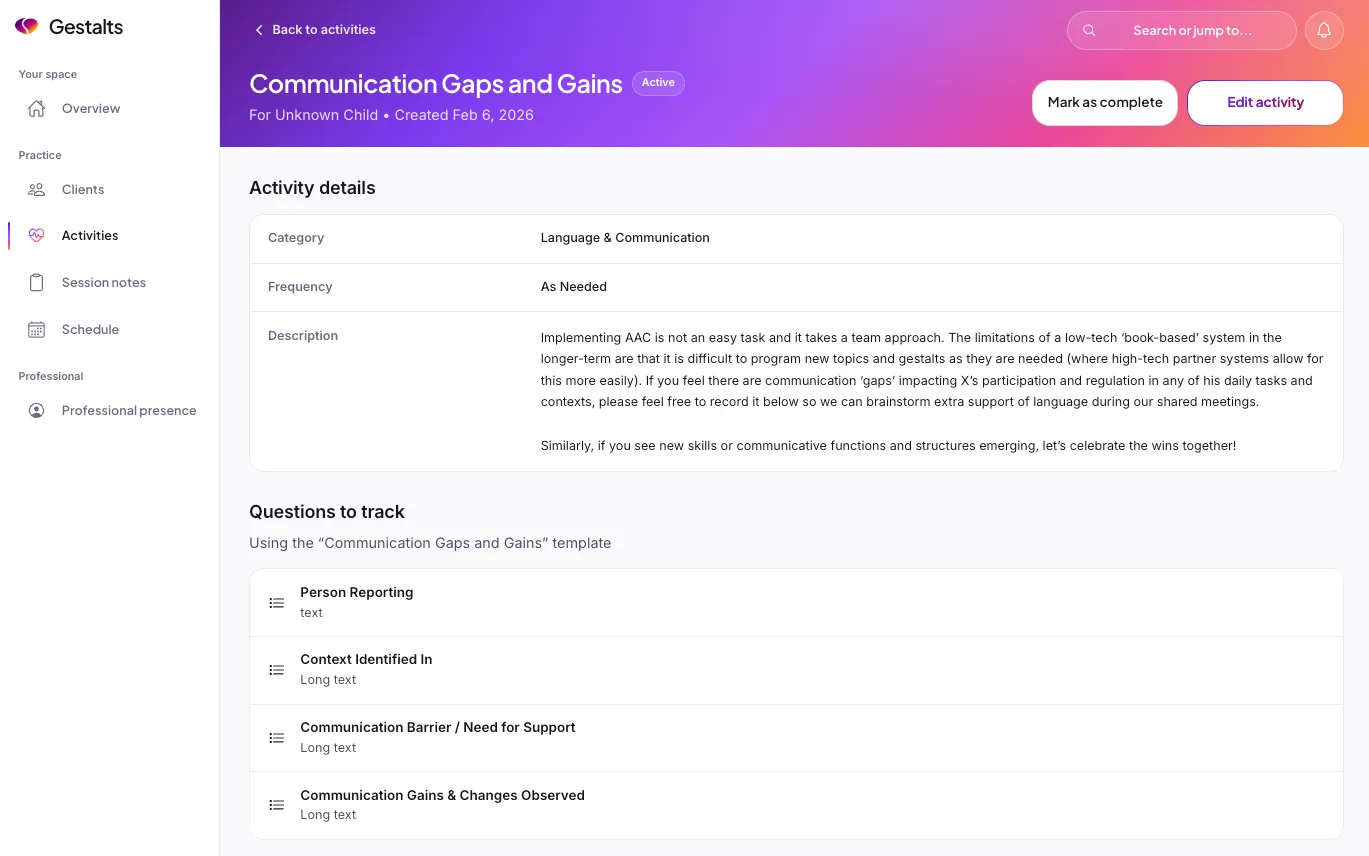Gestalts practitioner portal showing a custom activity and questions for a family