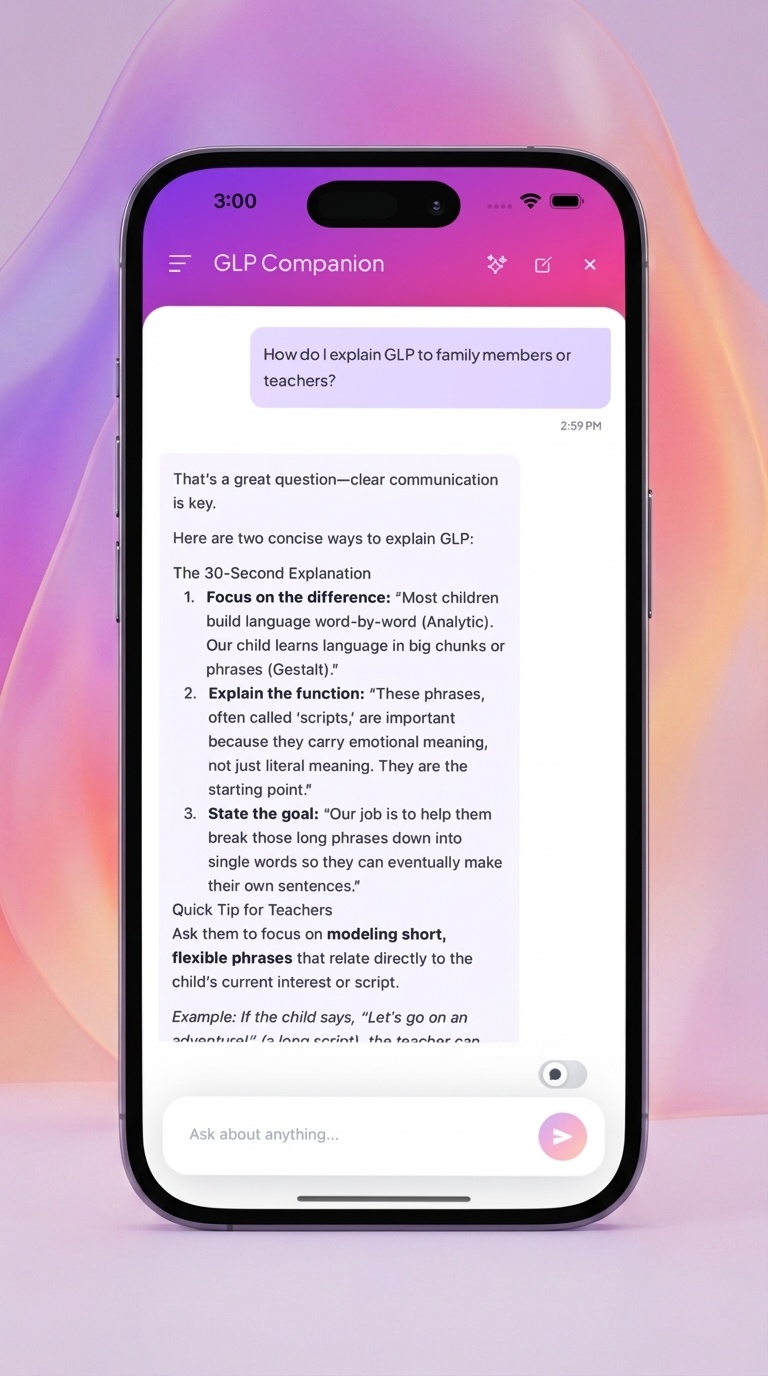 GLP Companion AI chat explaining gestalt language processing