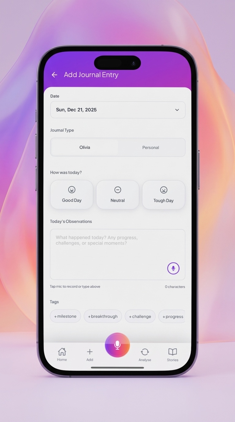 Gestalts journal entry screen showing date, mood selection, and observation input