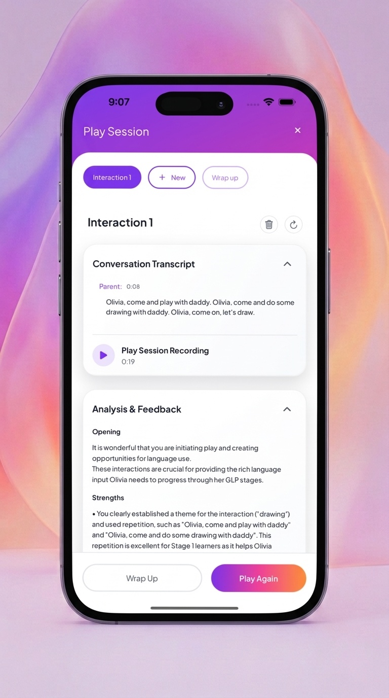 Play session analysis showing conversation transcript and AI feedback