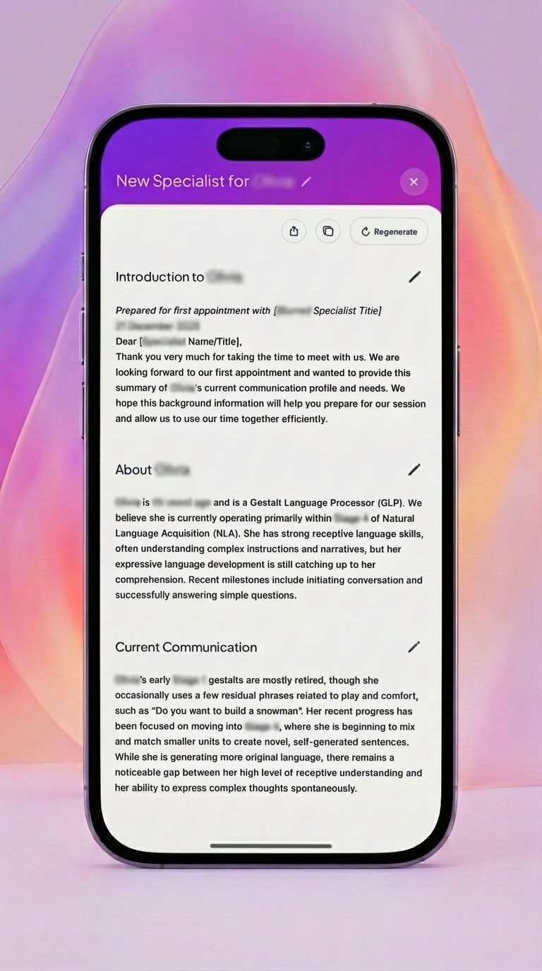 Specialist report showing introduction letter and communication profile