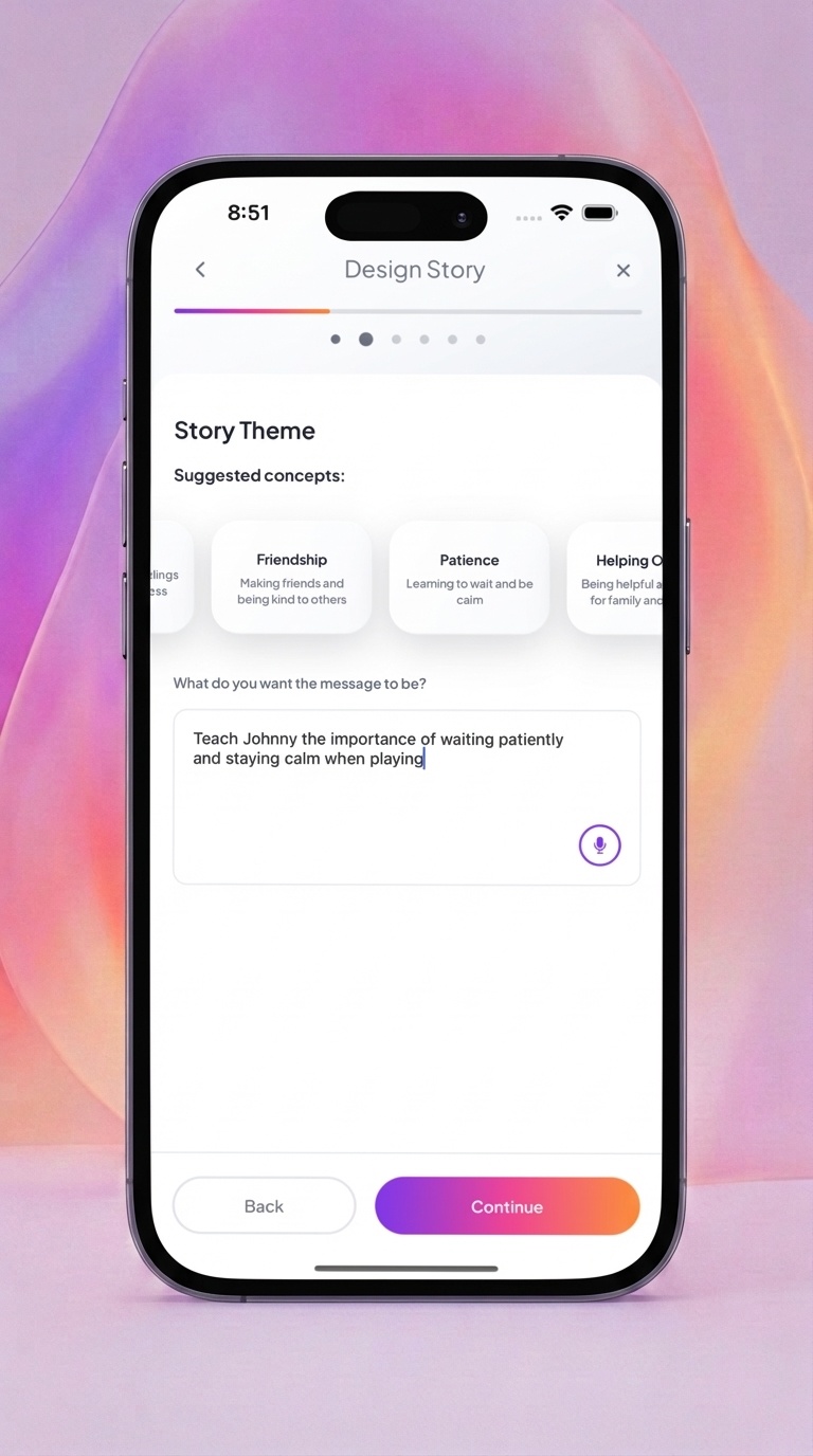 Storybook designer with theme selection and custom message input