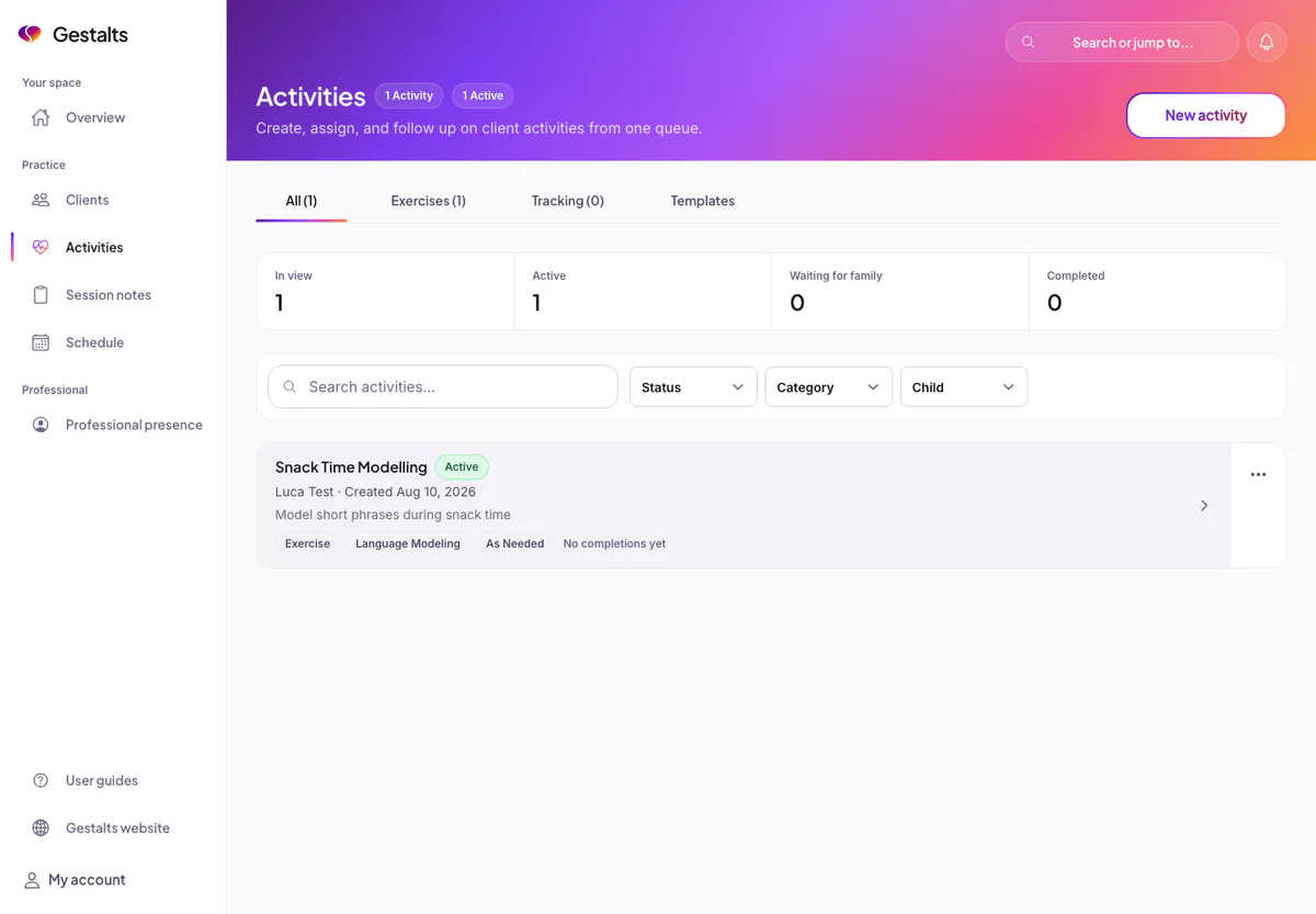 The current Gestalts practitioner Activities screen with exercises, tracking and templates