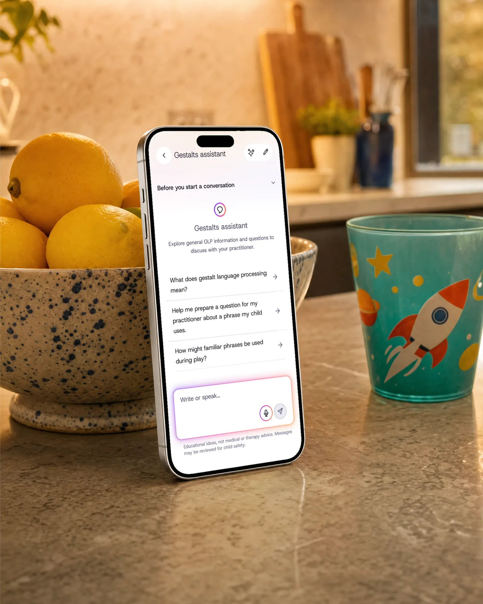 A phone on a kitchen bench showing the Gestalts assistant: suggested questions, then a question about a phrase heard during play, then a suggestion to save it as an observation