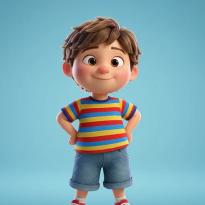 Alex, an illustrated child character in a striped t-shirt