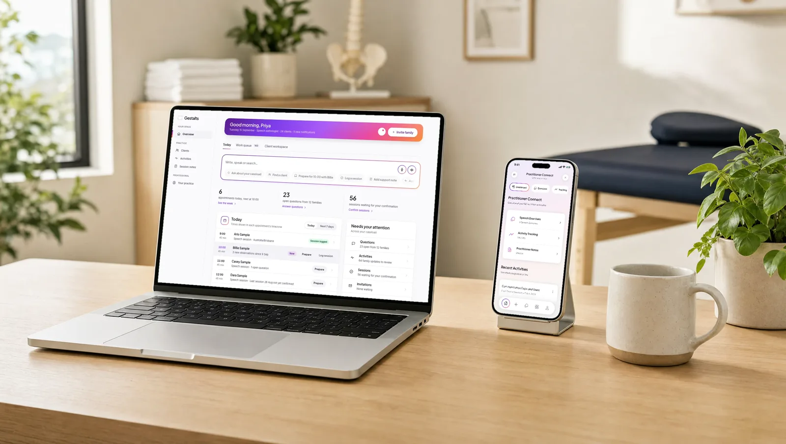 A laptop showing the practitioner portal and a phone on a stand showing practitioner activities