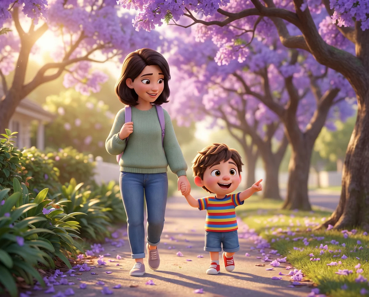 Alex and Mum walking under purple jacaranda trees