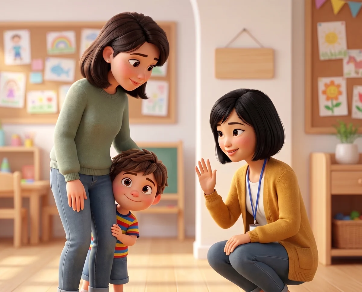 Alex peeking from behind Mum as Ms Tran waves
